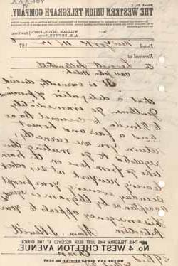 Detail of telegram from Abraham Hewitt to Leverett Saltonstall, 12 November 1876